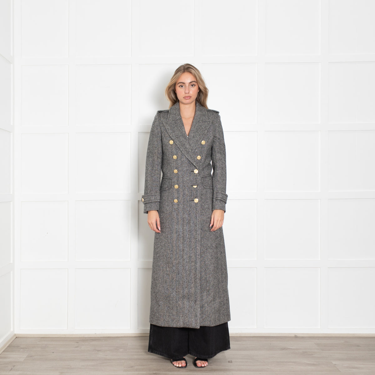 Holland Cooper Black Wide Tooth Herringbone Great Coat