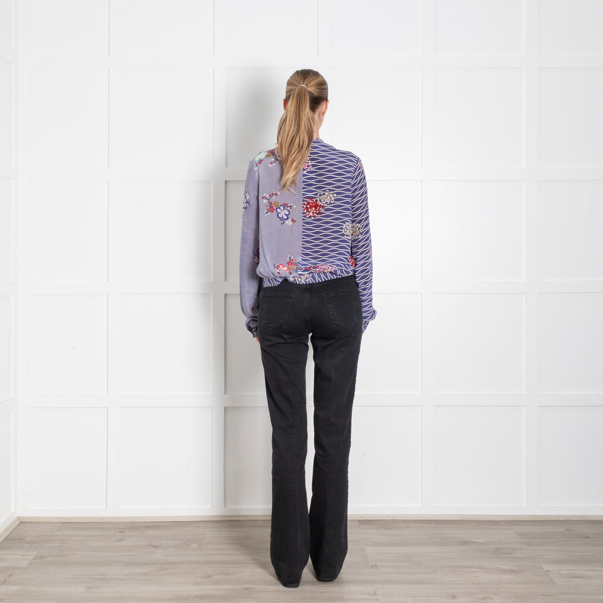 Iris Blue Floral Striped Silk Tie Up Blouse