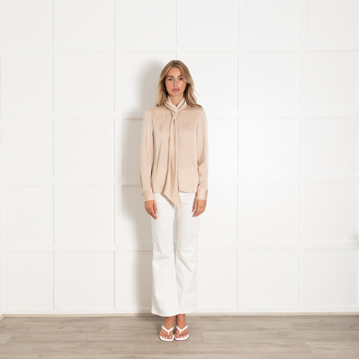 Boss Beige Silk Blend Neck Tie Blouse