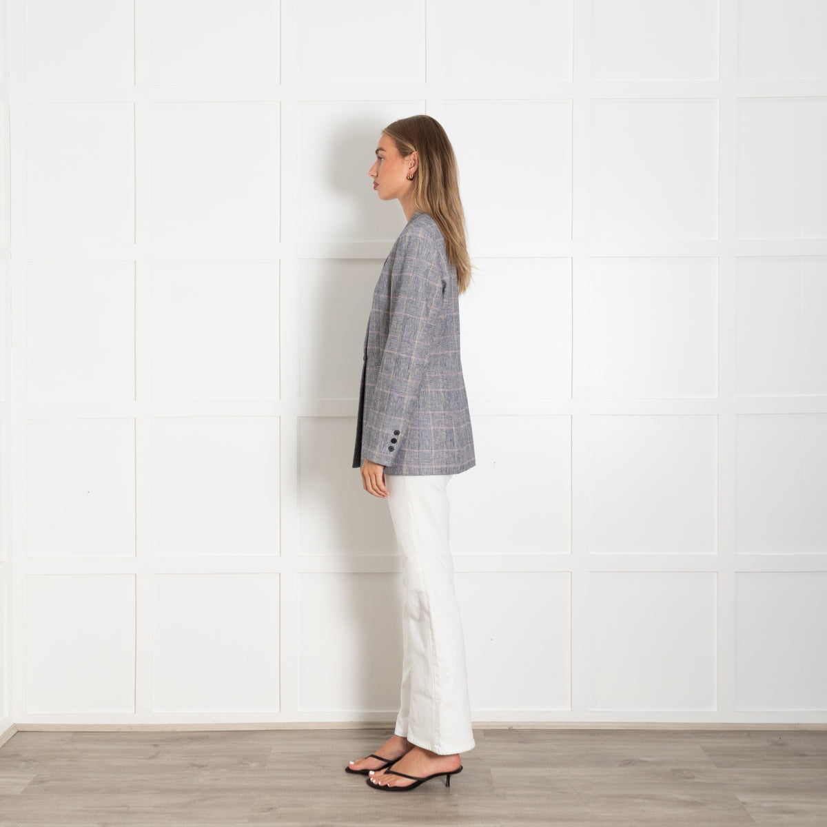 Sandro Grey White Plaid Double Breasted Tailored Blazer