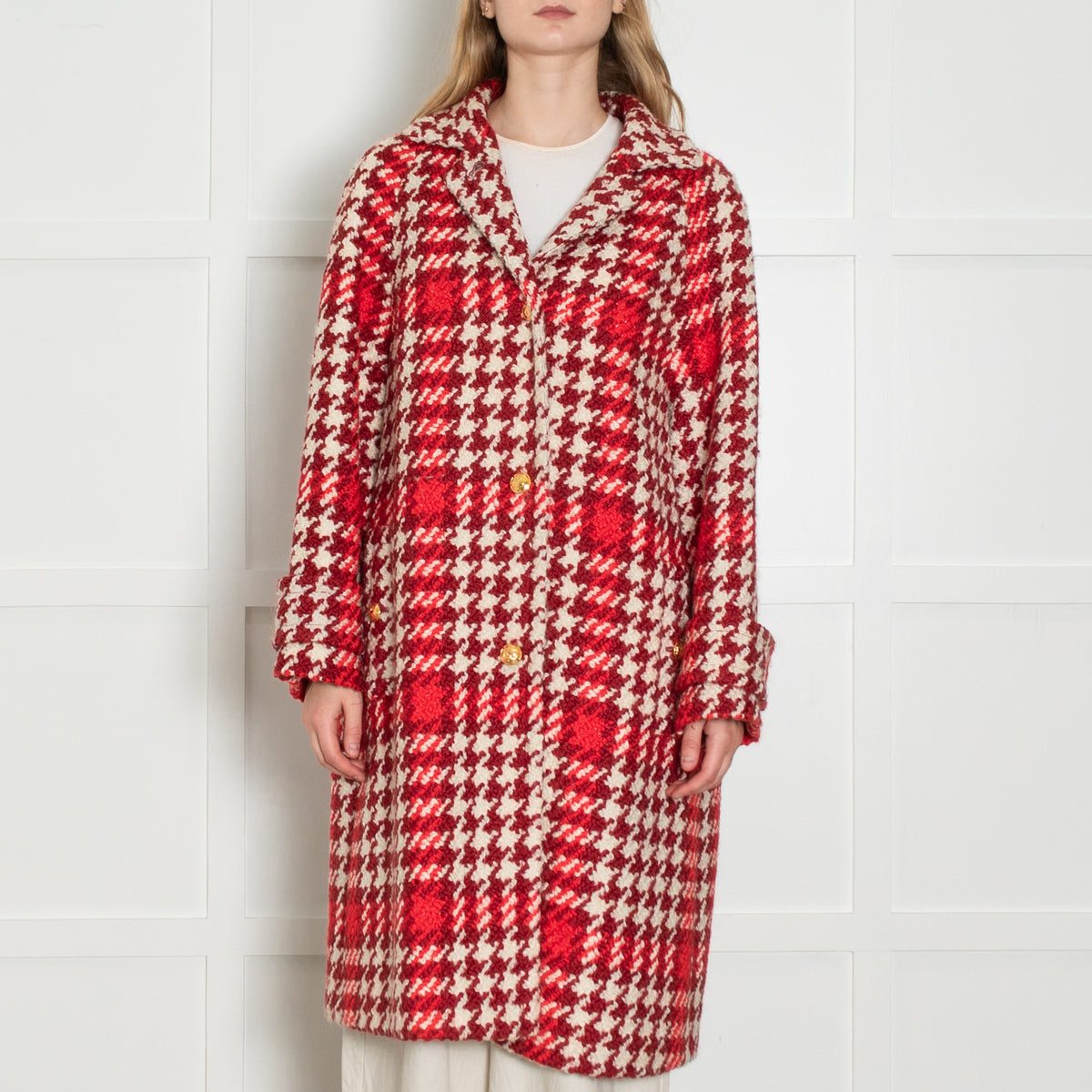 Escada Cream Burgundy Large Hound Tooth Weave Wool Blend Coat