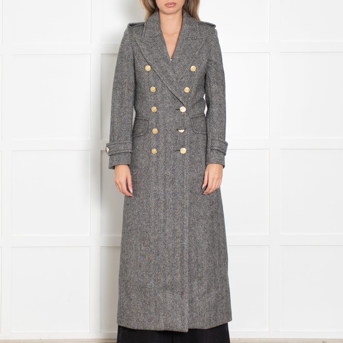 Holland Cooper Black Wide Tooth Herringbone Great Coat