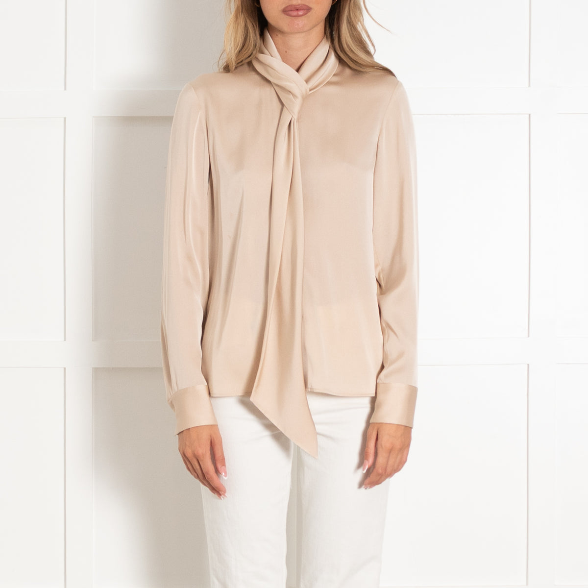 Boss Beige Silk Blend Neck Tie Blouse