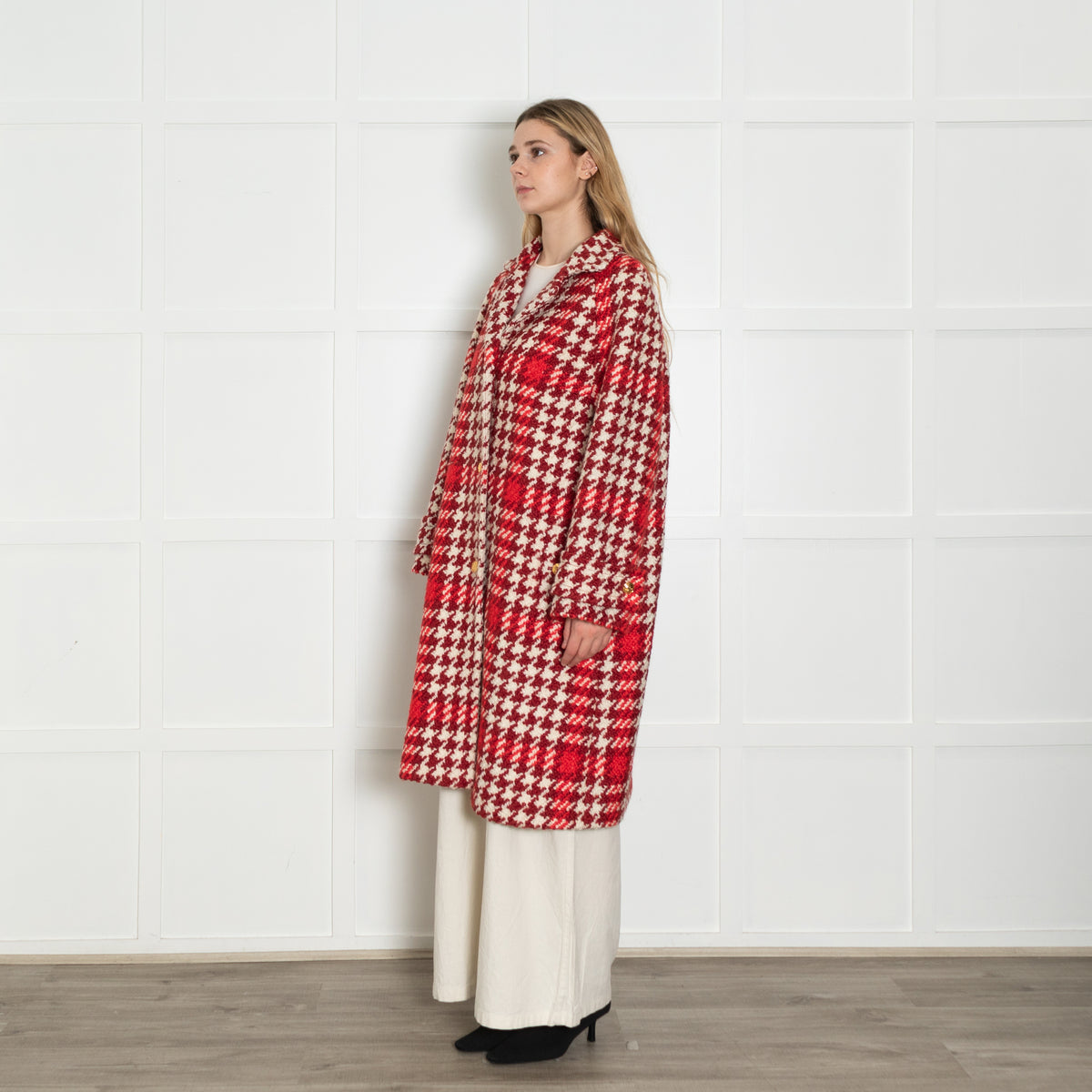 Escada Cream Burgundy Large Hound Tooth Weave Wool Blend Coat