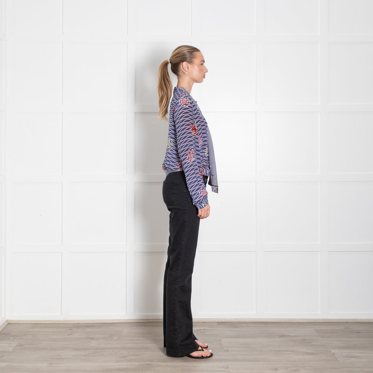 Iris Blue Floral Striped Silk Tie Up Blouse