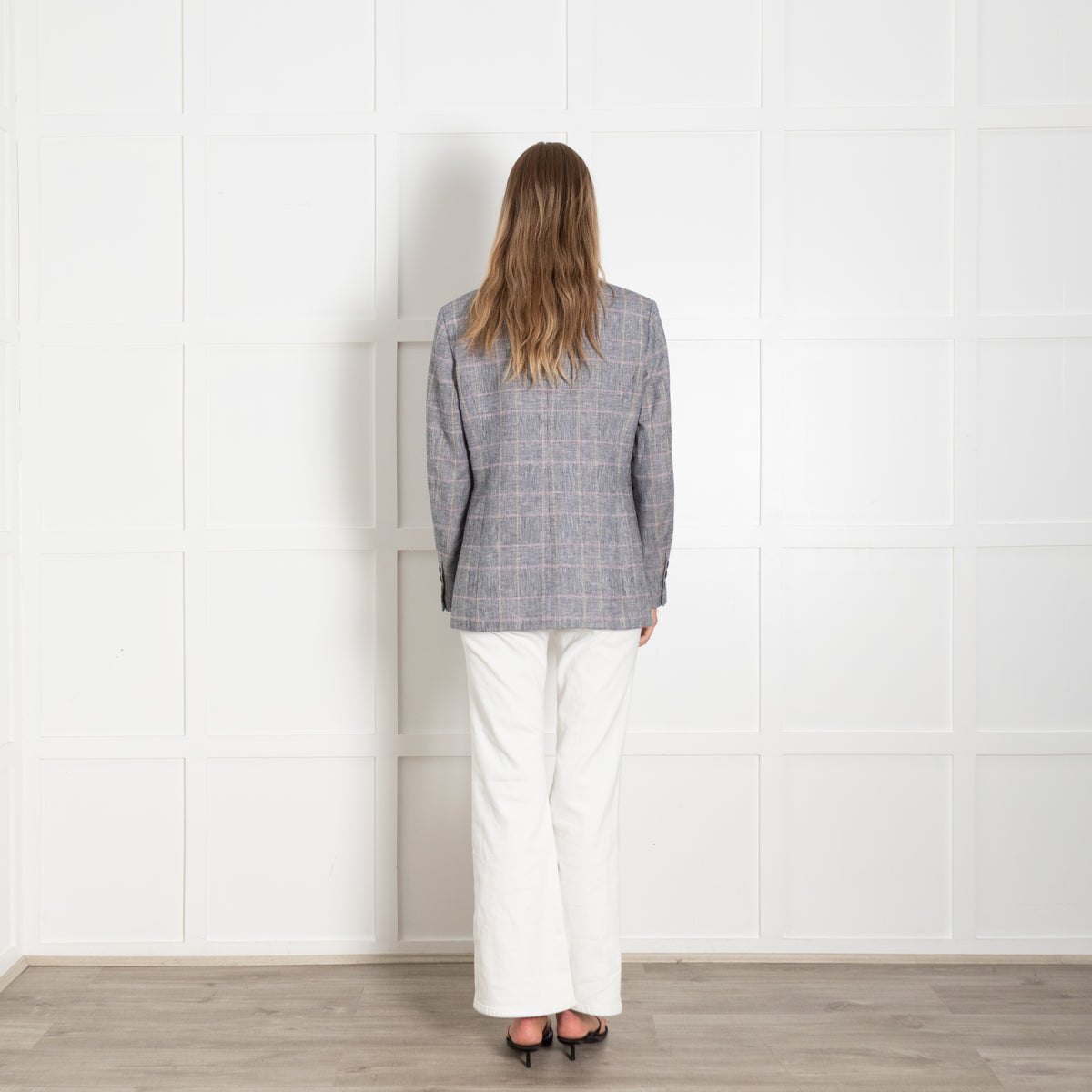 Sandro Grey White Plaid Double Breasted Tailored Blazer