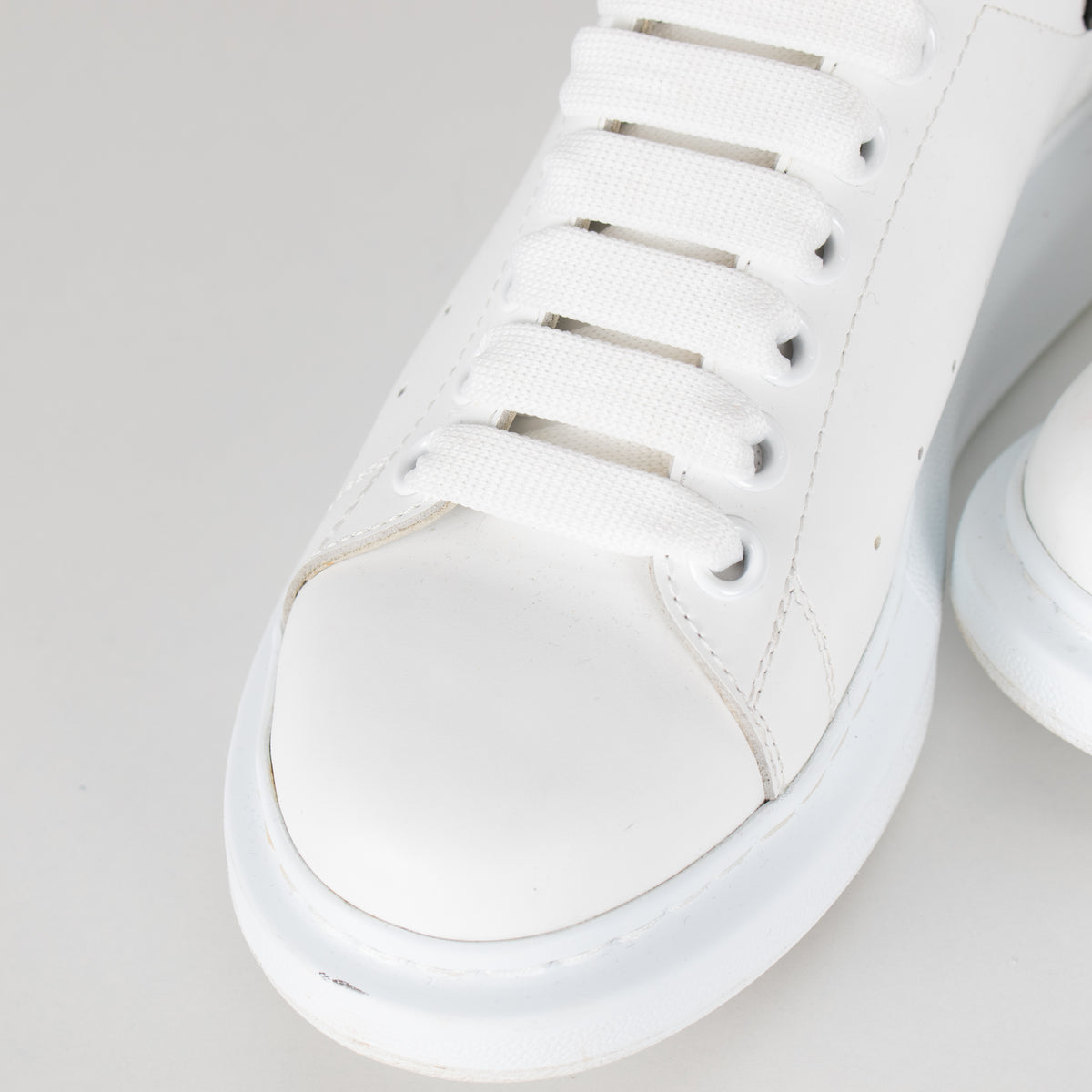 Alexander McQueen White Leather Trainers with Gunmetal Heel Tab