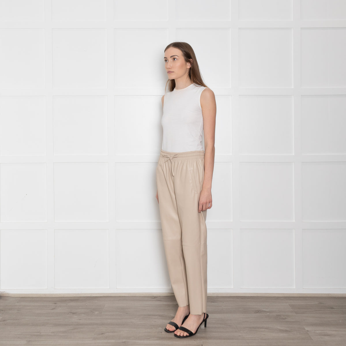 Herzen's Anglegenheit Cream Faux Leather Drawstring Waist Trouser