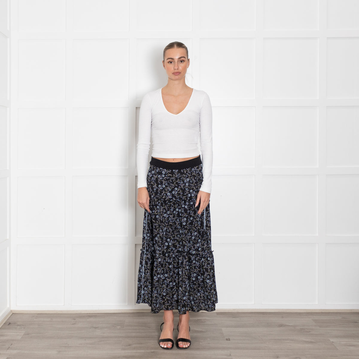 ME + Em Black Tiered Skirt With Blue Flowers