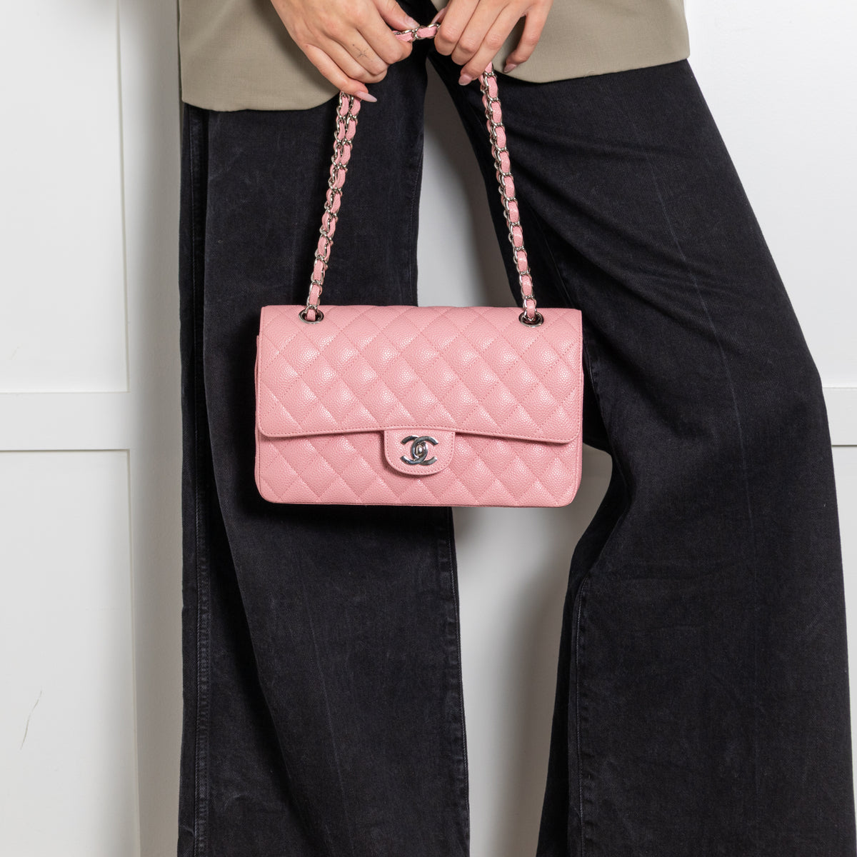Chanel Pink Caviar Medium Flap Bag with Silver Hardwear