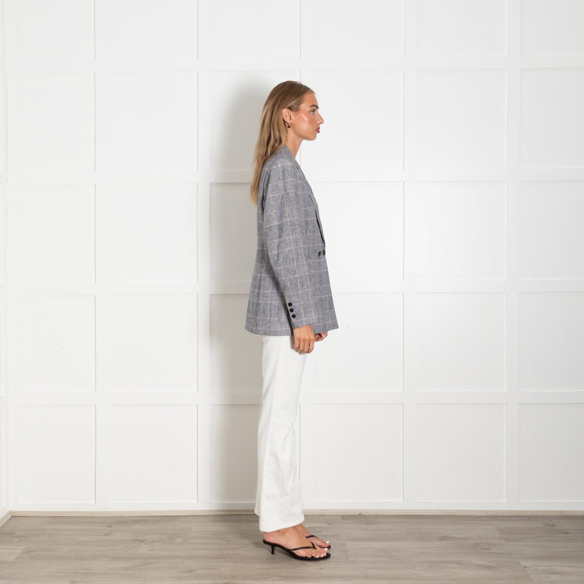 Sandro Grey White Plaid Double Breasted Tailored Blazer