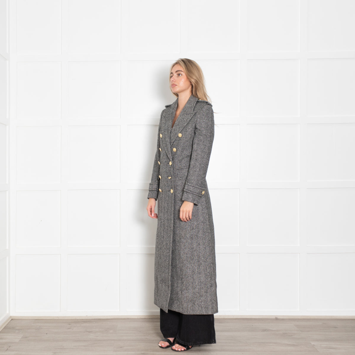 Holland Cooper Black Wide Tooth Herringbone Great Coat