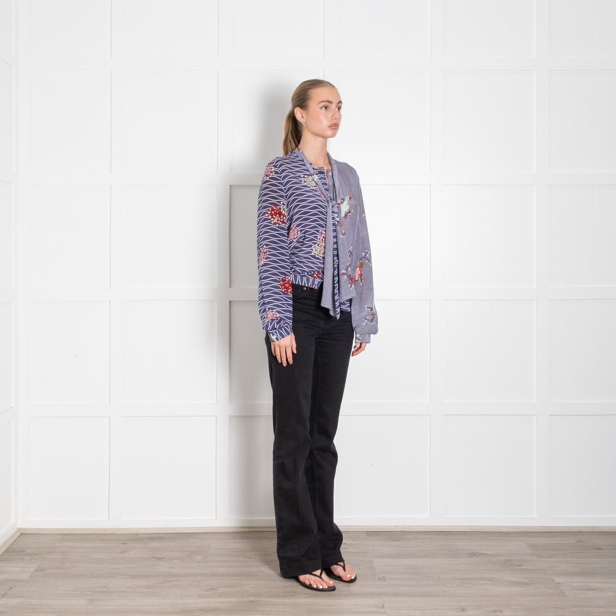 Iris Blue Floral Striped Silk Tie Up Blouse