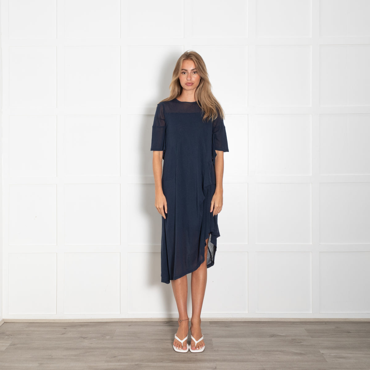 Morgane Le Fay Navy Assymetic Gathered Midi Dress With Mesh Insert