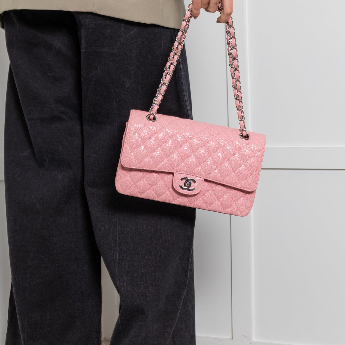 Chanel Pink Caviar Medium Flap Bag with Silver Hardwear