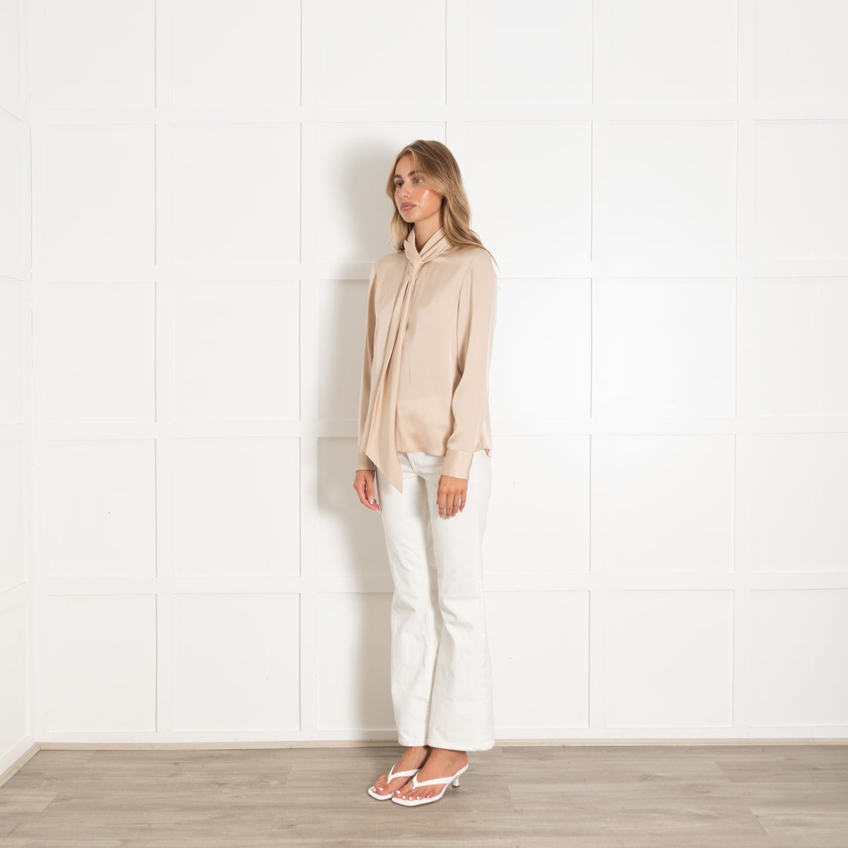 Boss Beige Silk Blend Neck Tie Blouse