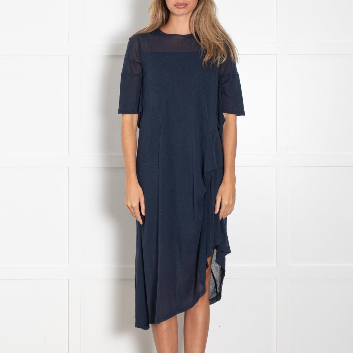 Morgane Le Fay Navy Assymetic Gathered Midi Dress With Mesh Insert