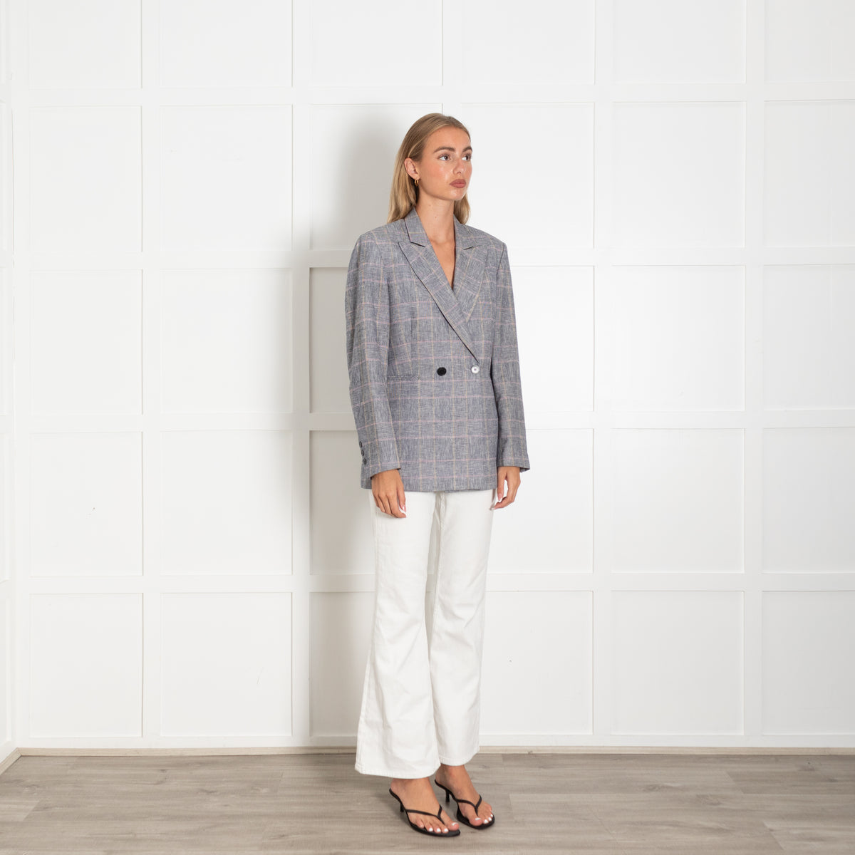 Sandro Grey White Plaid Double Breasted Tailored Blazer