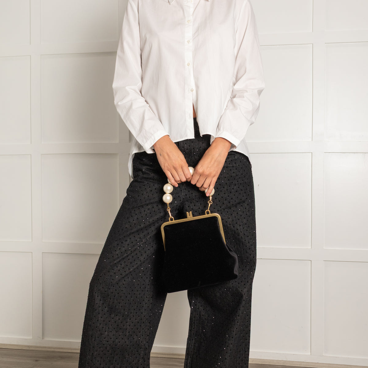 Me + Em Black Velvet Faux Pearl Top Handle Bag With Gold Clasp Closure