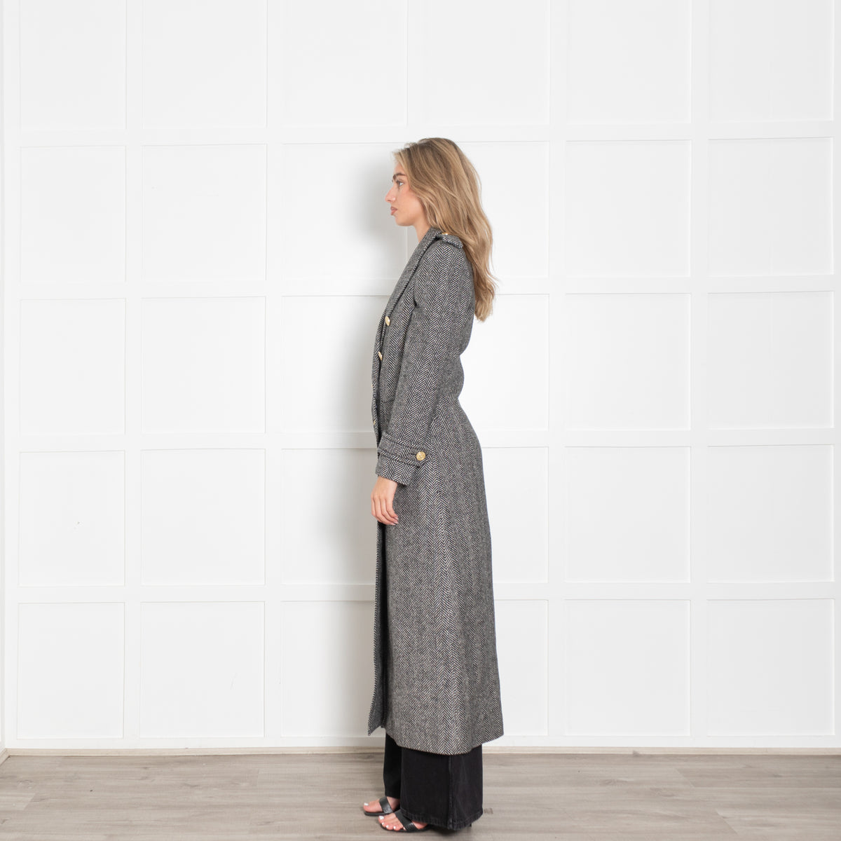 Holland Cooper Black Wide Tooth Herringbone Great Coat