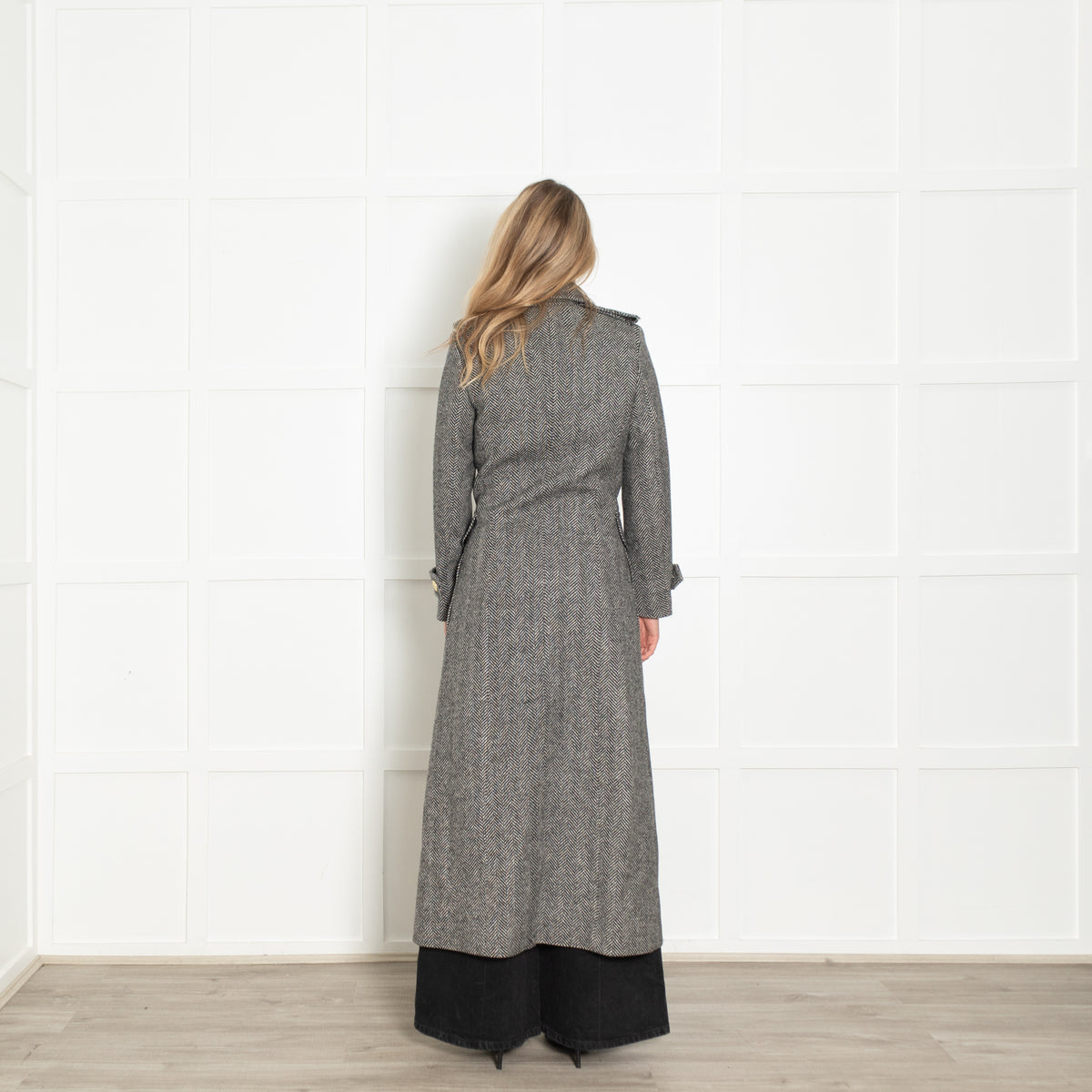 Holland Cooper Black Wide Tooth Herringbone Great Coat