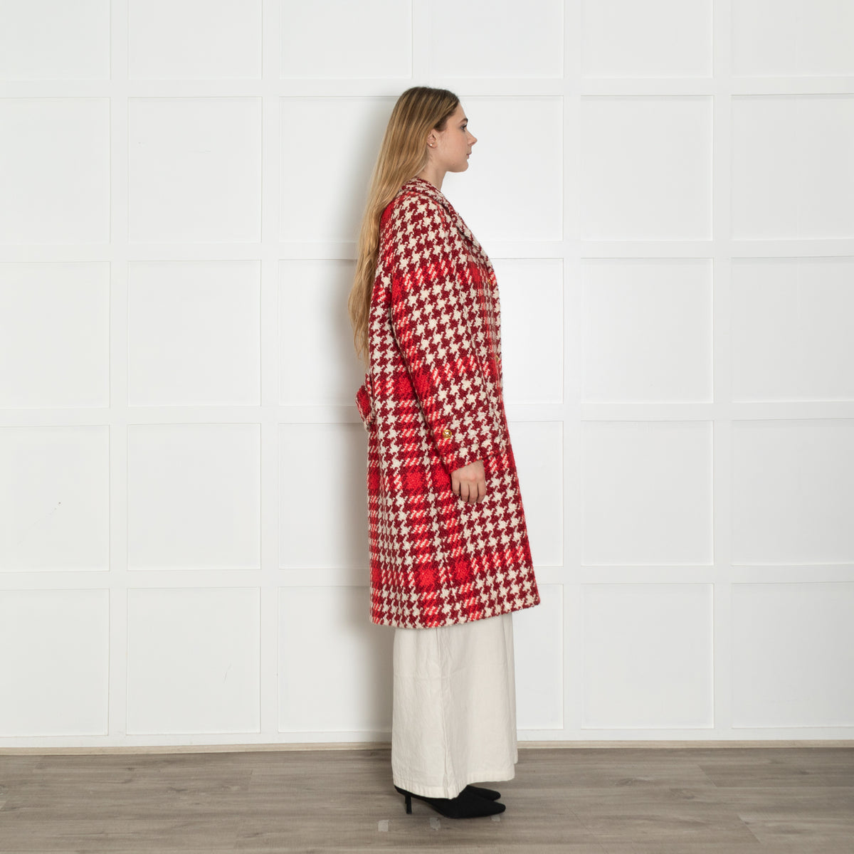 Escada Cream Burgundy Large Hound Tooth Weave Wool Blend Coat