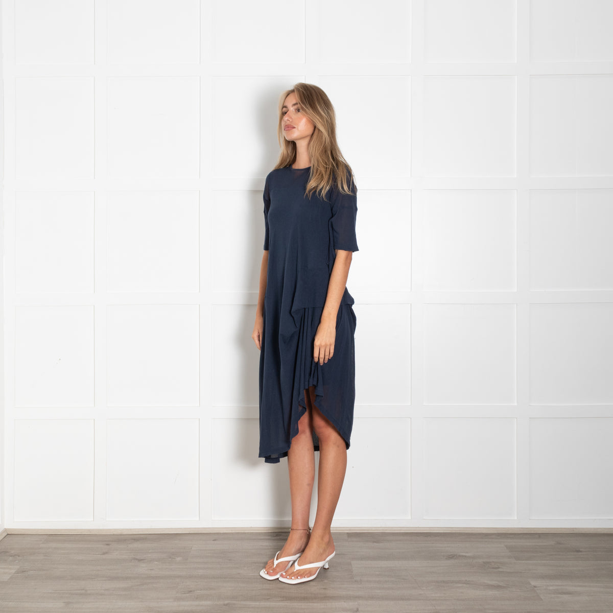 Morgane Le Fay Navy Assymetic Gathered Midi Dress With Mesh Insert