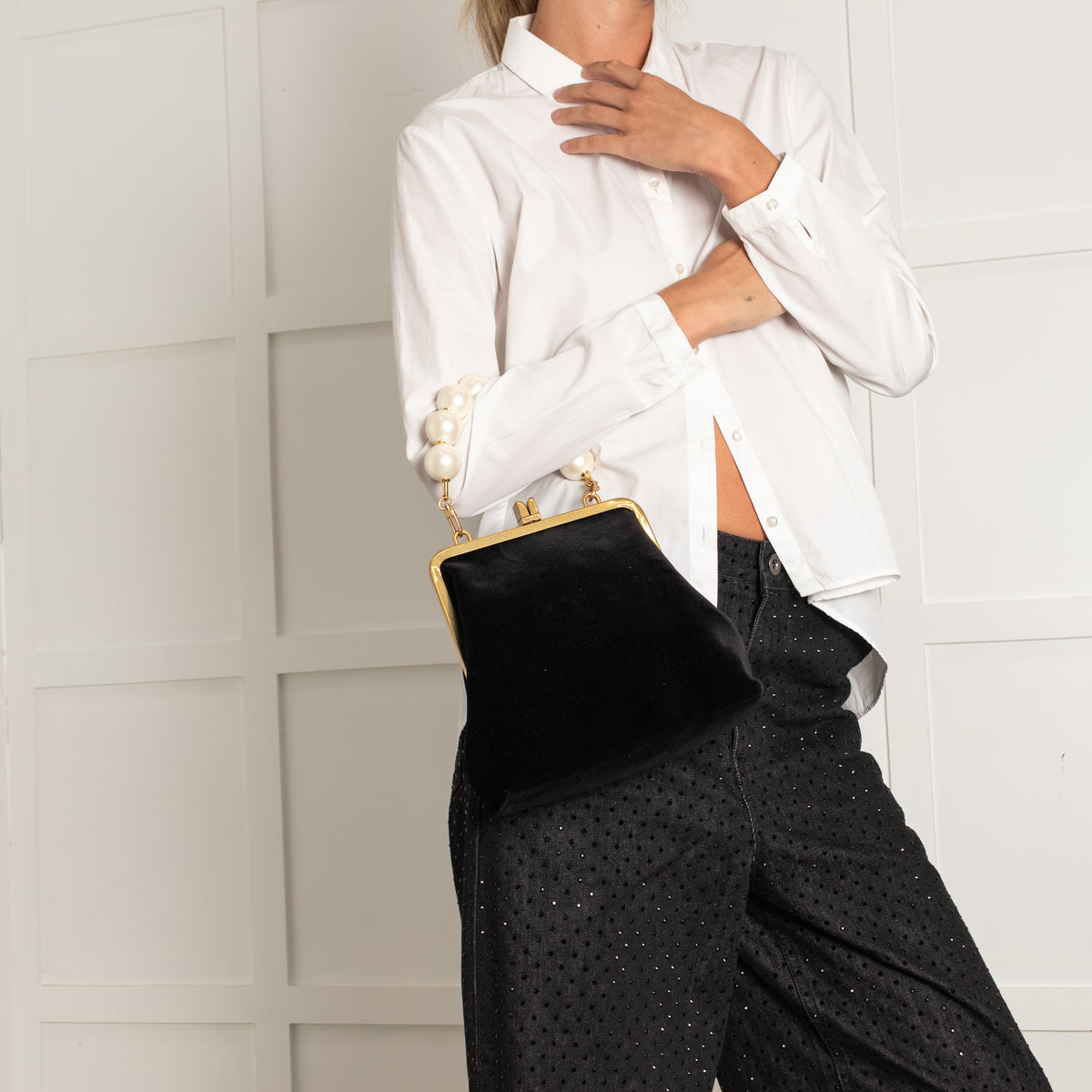 Me + Em Black Velvet Faux Pearl Top Handle Bag With Gold Clasp Closure