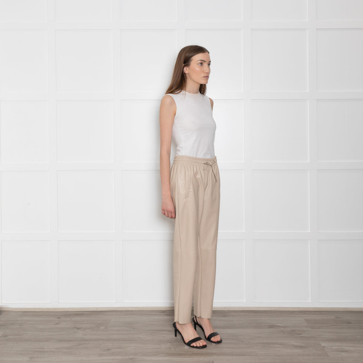 Herzen's Anglegenheit Cream Faux Leather Drawstring Waist Trouser