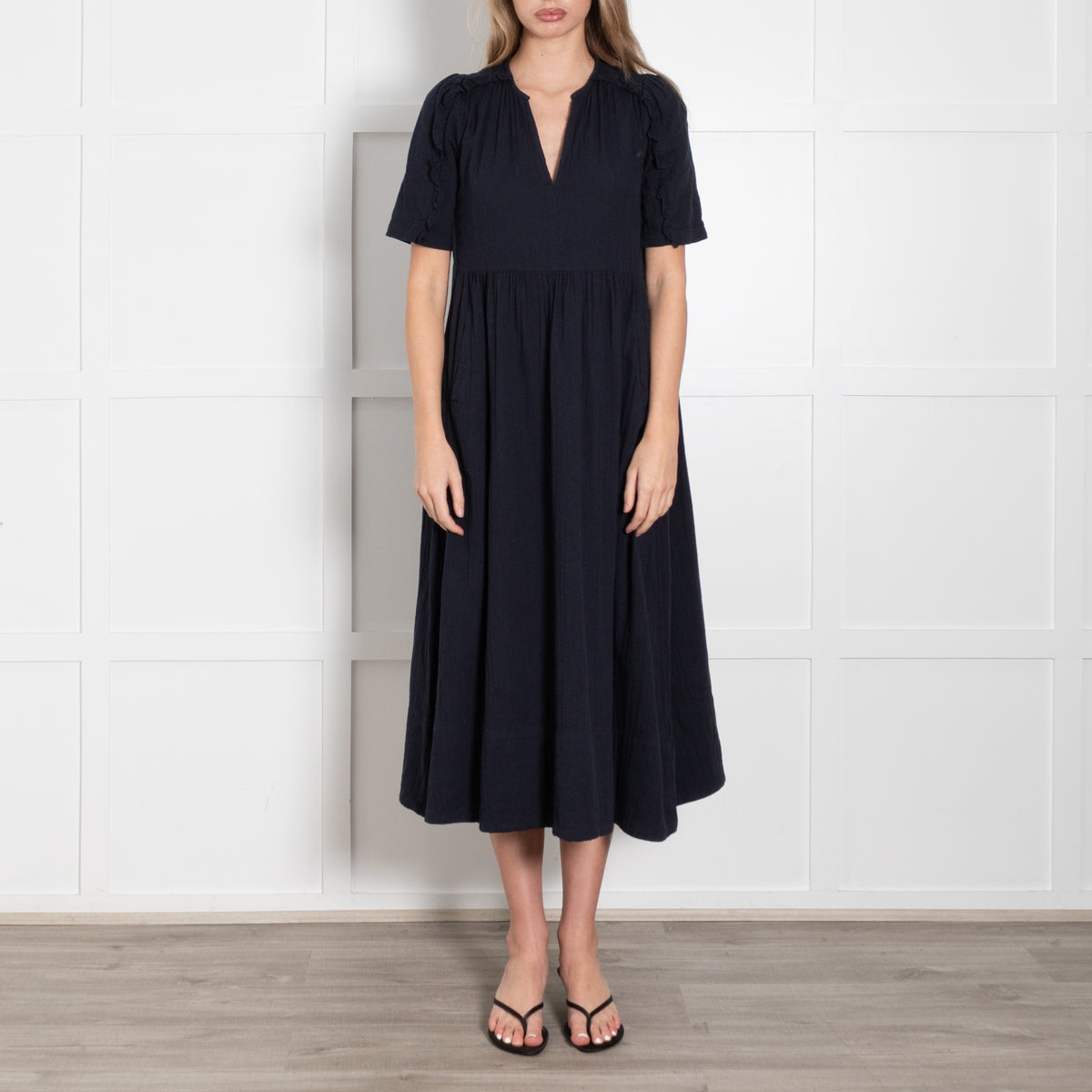 Me + Em Navy Blue Ruffled Short Sleeve & Side Pockets Dress