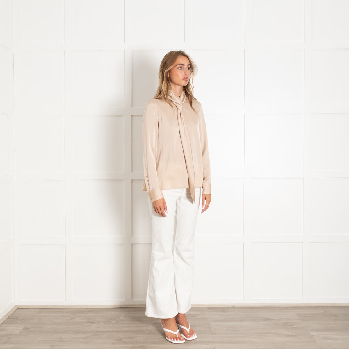 Boss Beige Silk Blend Neck Tie Blouse
