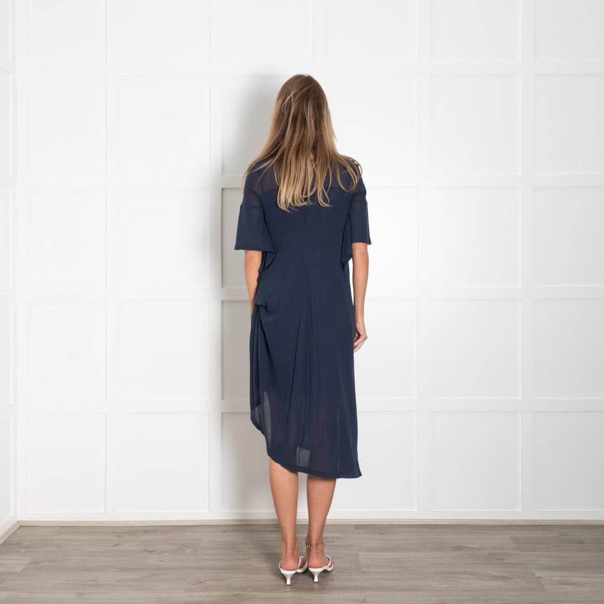 Morgane Le Fay Navy Assymetic Gathered Midi Dress With Mesh Insert