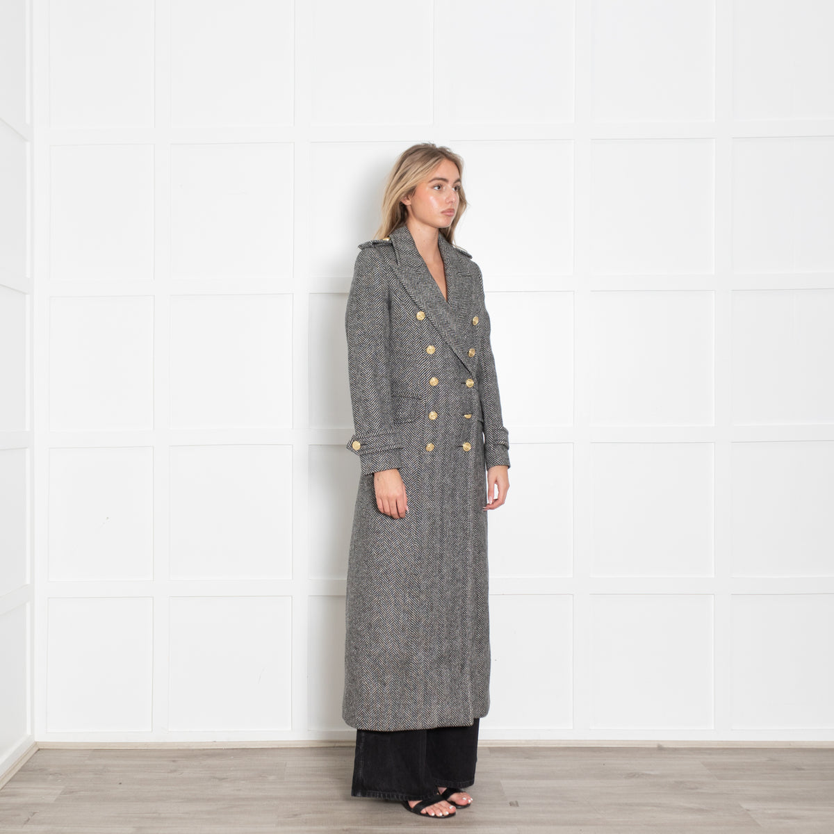 Holland Cooper Black Wide Tooth Herringbone Great Coat