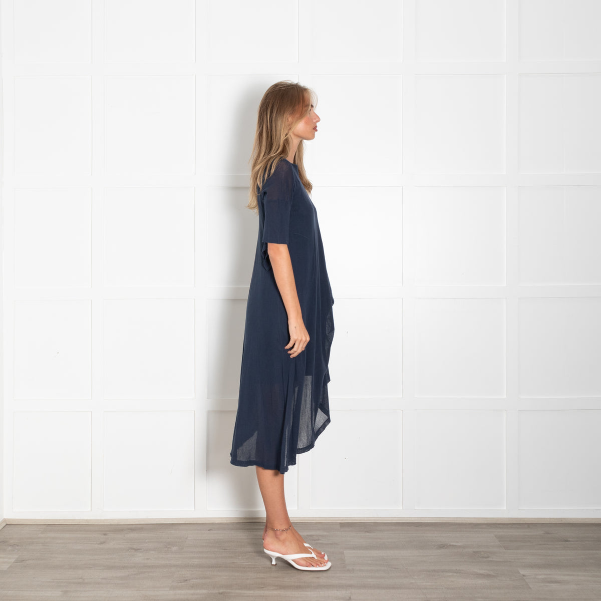 Morgane Le Fay Navy Assymetic Gathered Midi Dress With Mesh Insert