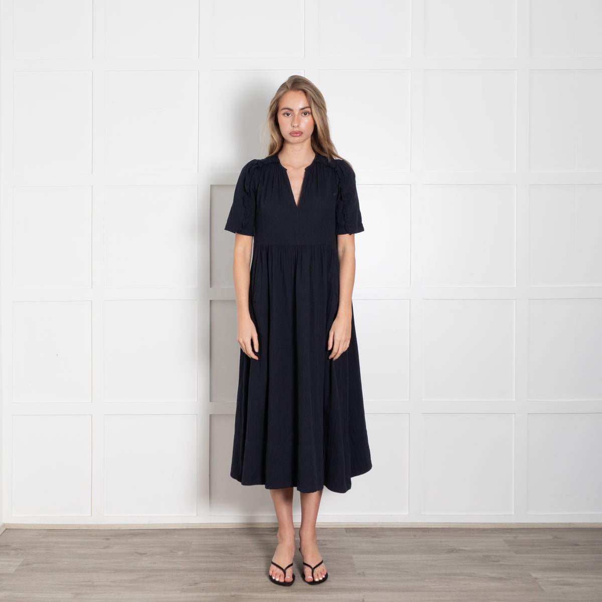 Me + Em Navy Blue Ruffled Short Sleeve & Side Pockets Dress