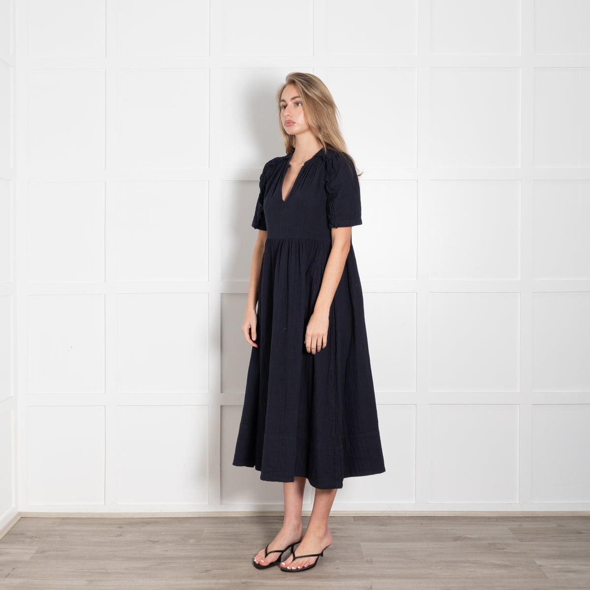 Me + Em Navy Blue Ruffled Short Sleeve & Side Pockets Dress
