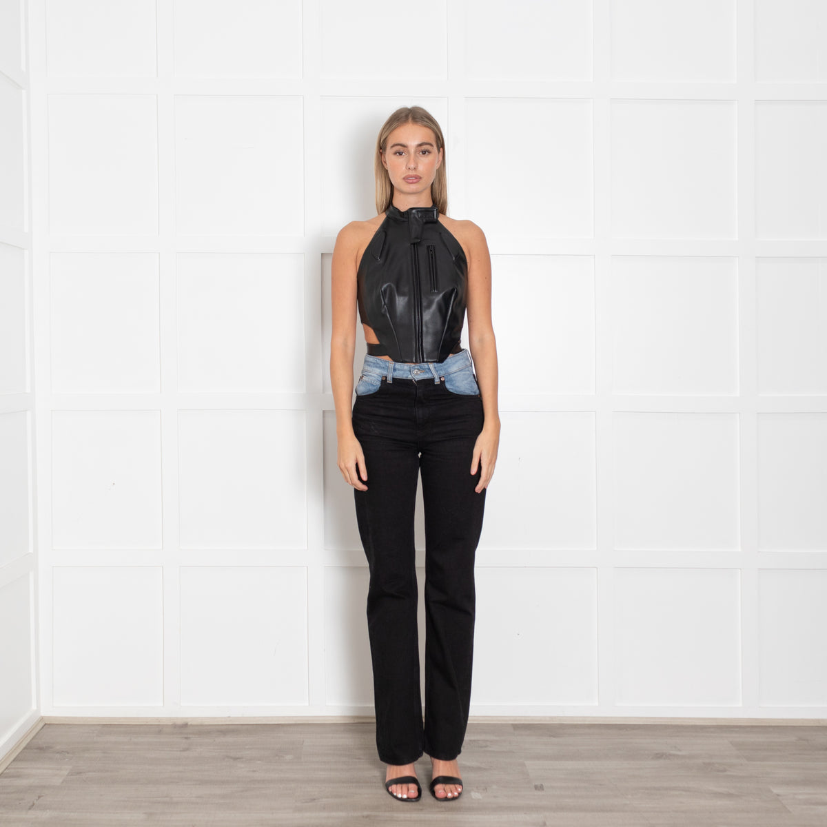 KHY Black Faux Leather Biker Style Halter Top