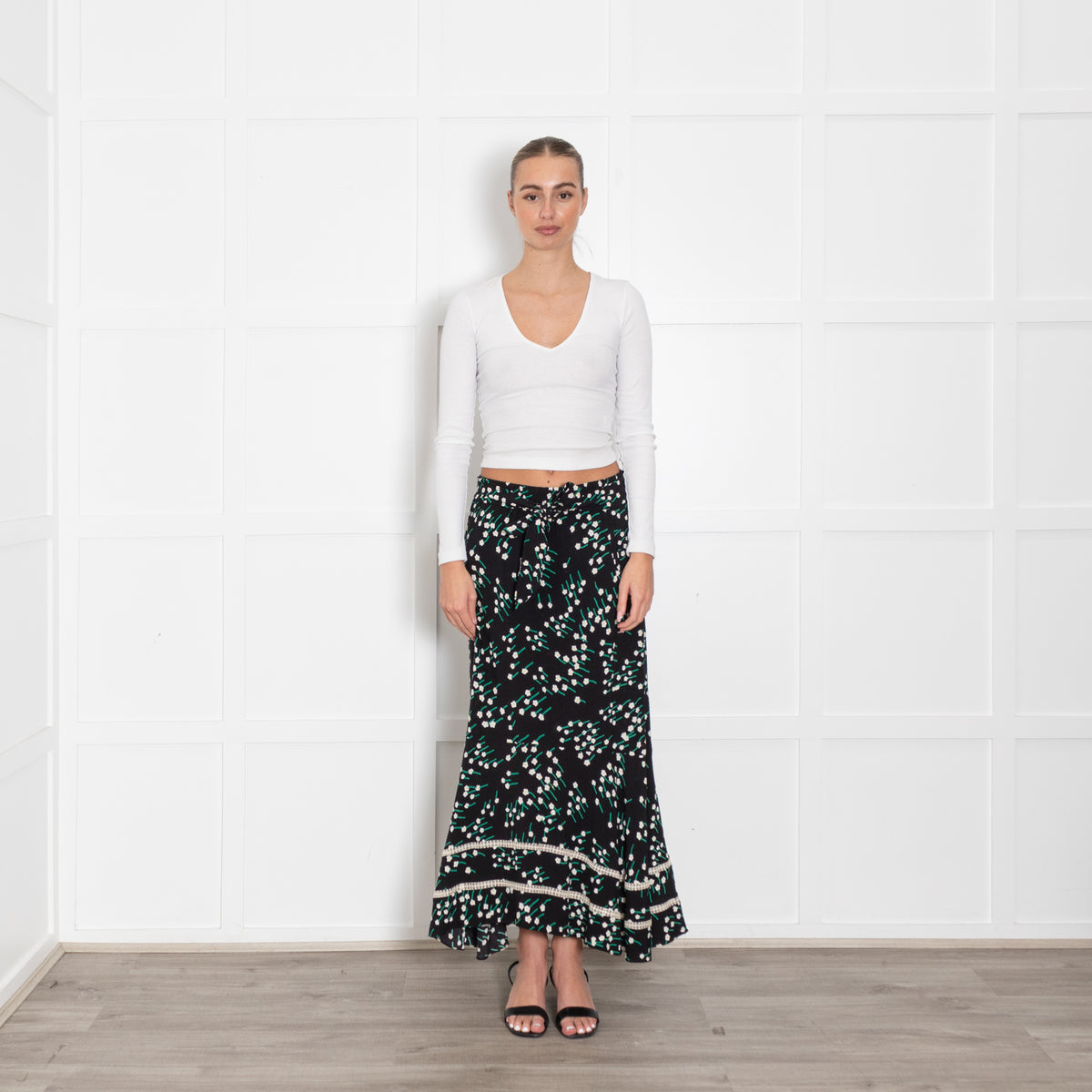 Me + Em Black Maxi Skirt With Green And White Floral Print