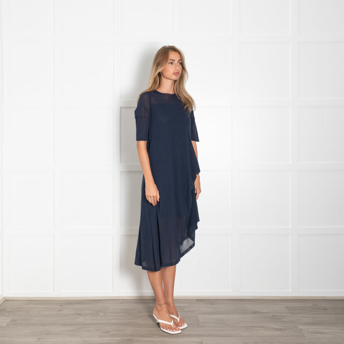 Morgane Le Fay Navy Assymetic Gathered Midi Dress With Mesh Insert