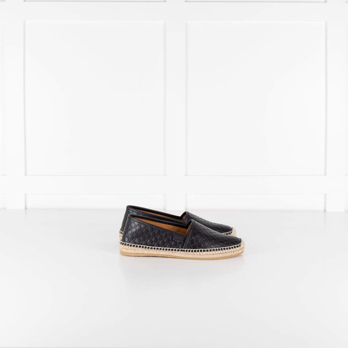 Gucci Black Leather Logo Embossed Espadrilles