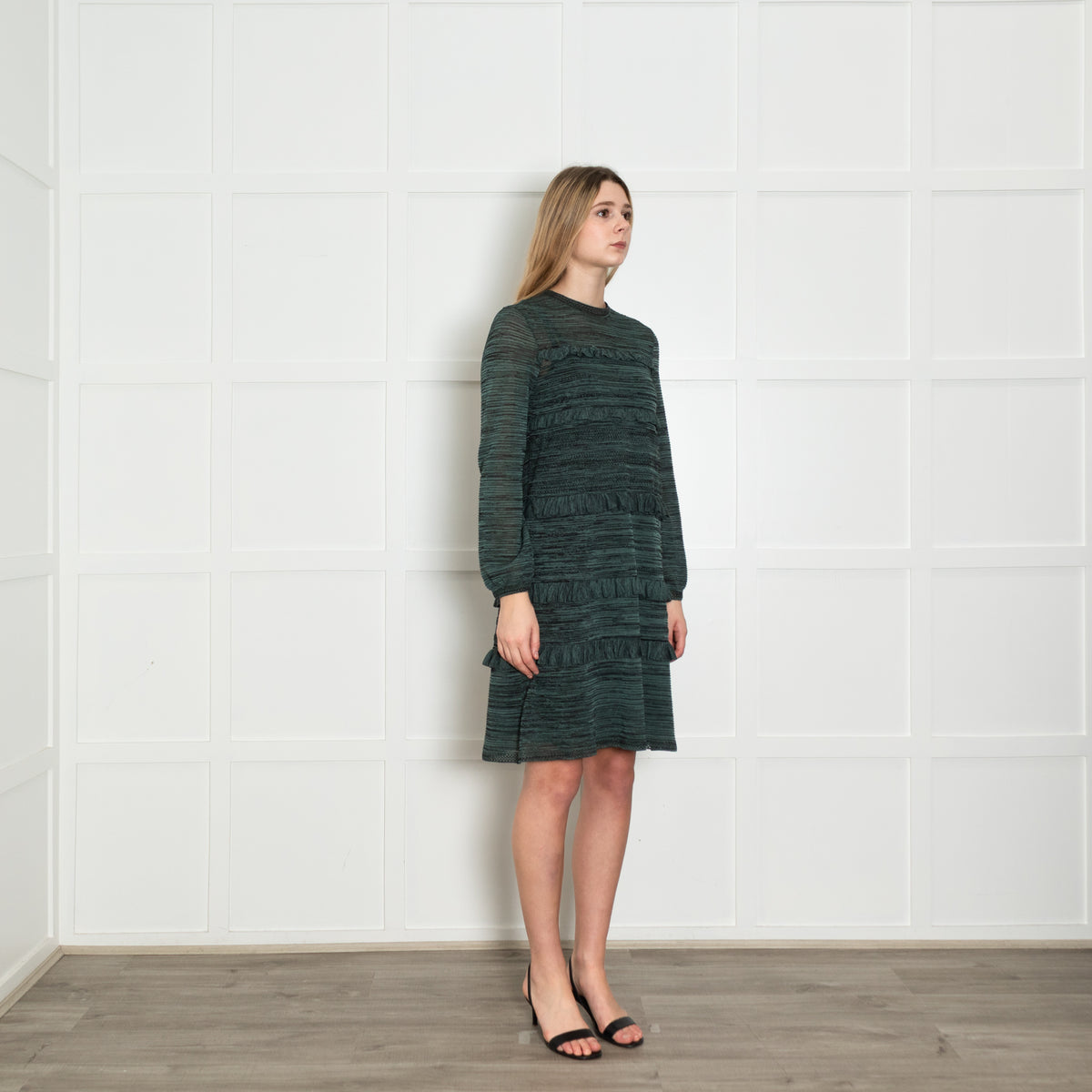 M Missoni Teal Black Knit Frill Trim Long Sleeve Dress With Slip