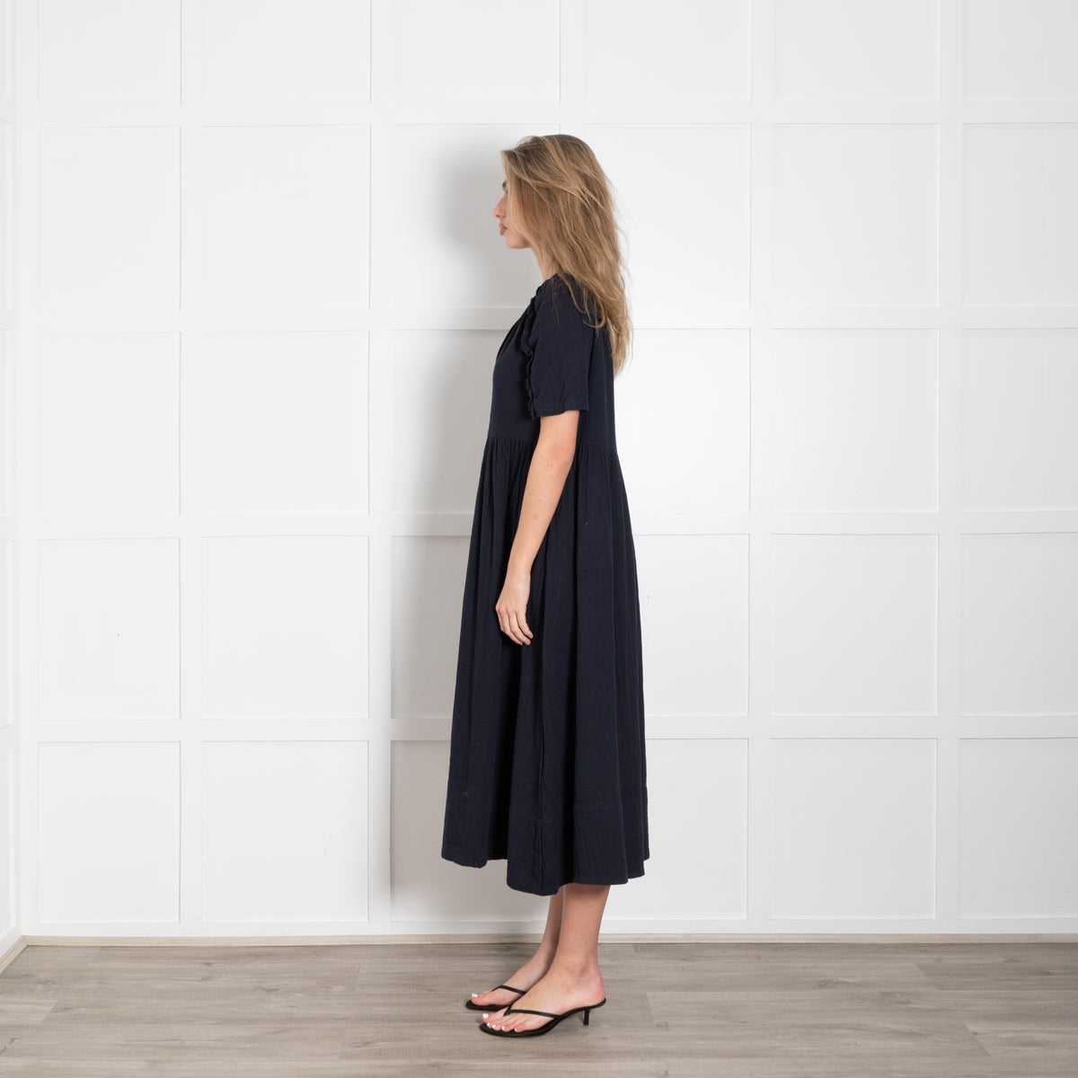 Me + Em Navy Blue Ruffled Short Sleeve & Side Pockets Dress