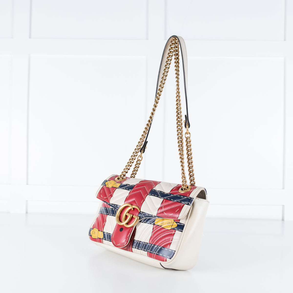 Gucci Cream with Red Blue Yellow Marmont Quilted Flap Shoulder Bag