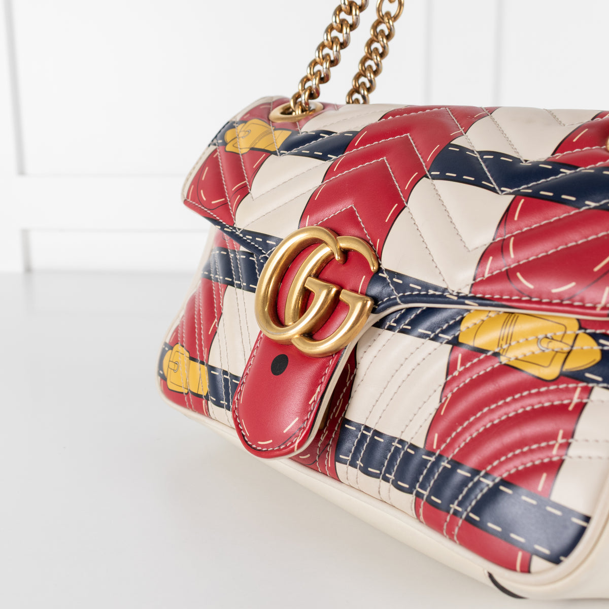 Gucci Cream with Red Blue Yellow Marmont Quilted Flap Shoulder Bag