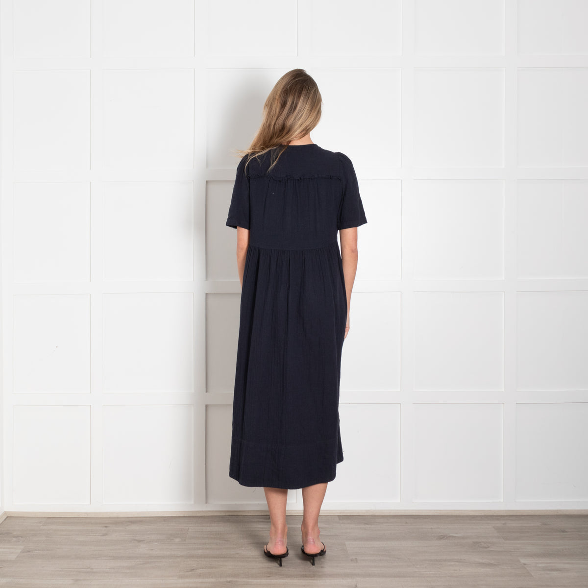 Me + Em Navy Blue Ruffled Short Sleeve & Side Pockets Dress