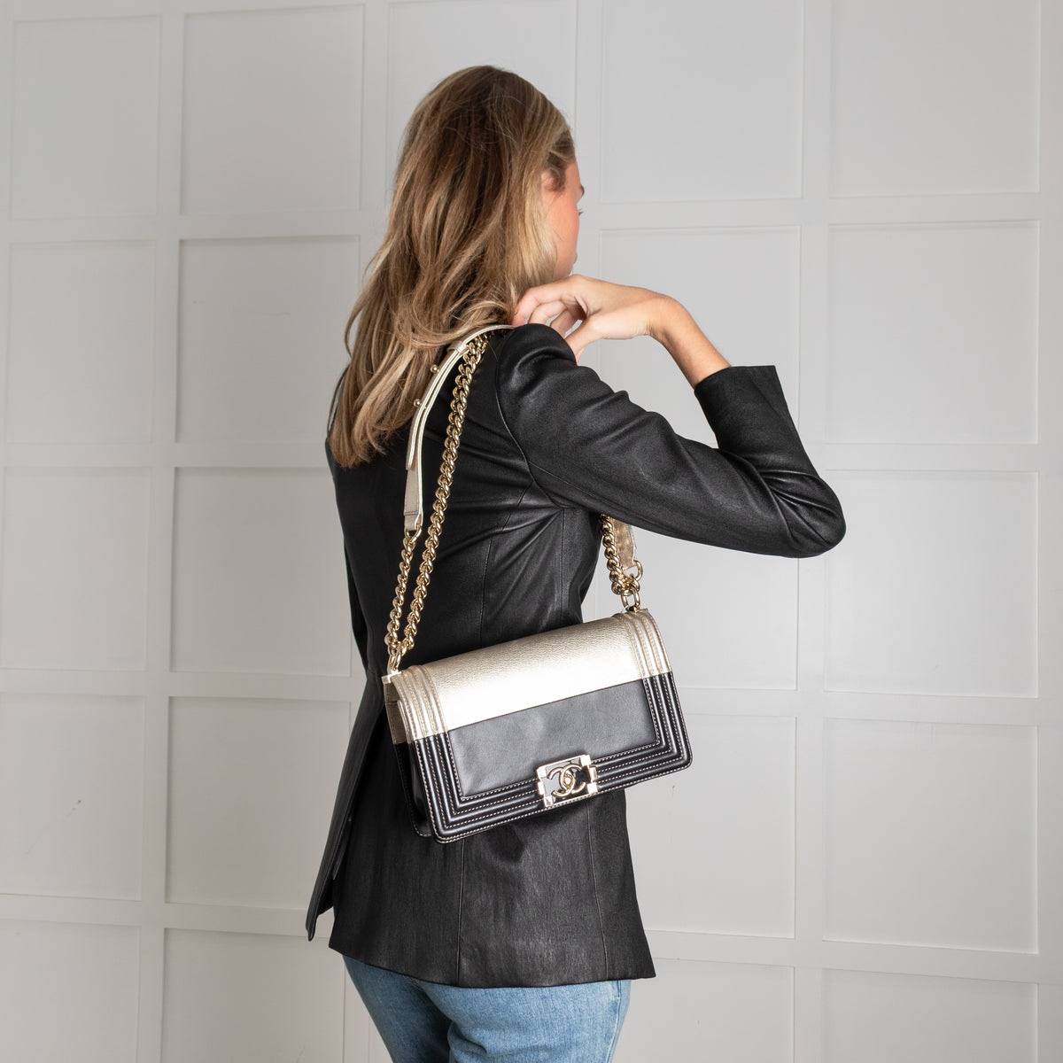 Chanel Medium Boy Coco Mark Black and Metallic Gold Leather Shoulder Bag