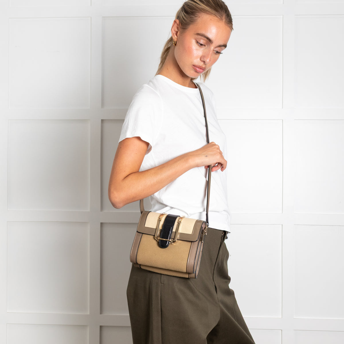 Chloe Olive Green Canvas Leather Trim Bronte Crossbody Bag