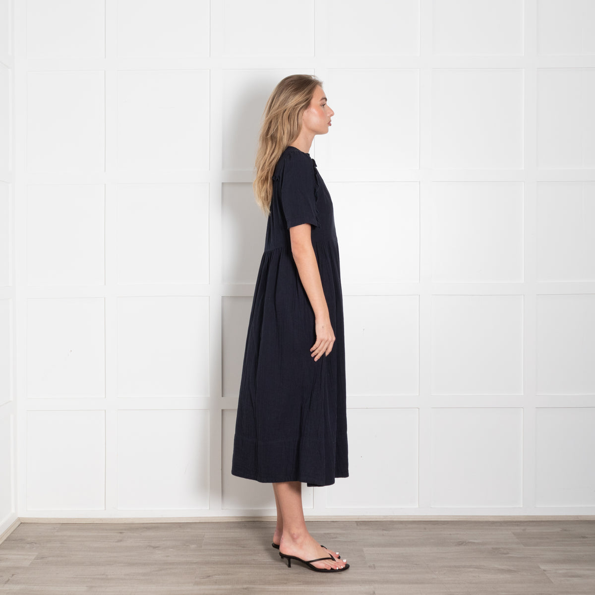 Me + Em Navy Blue Ruffled Short Sleeve & Side Pockets Dress