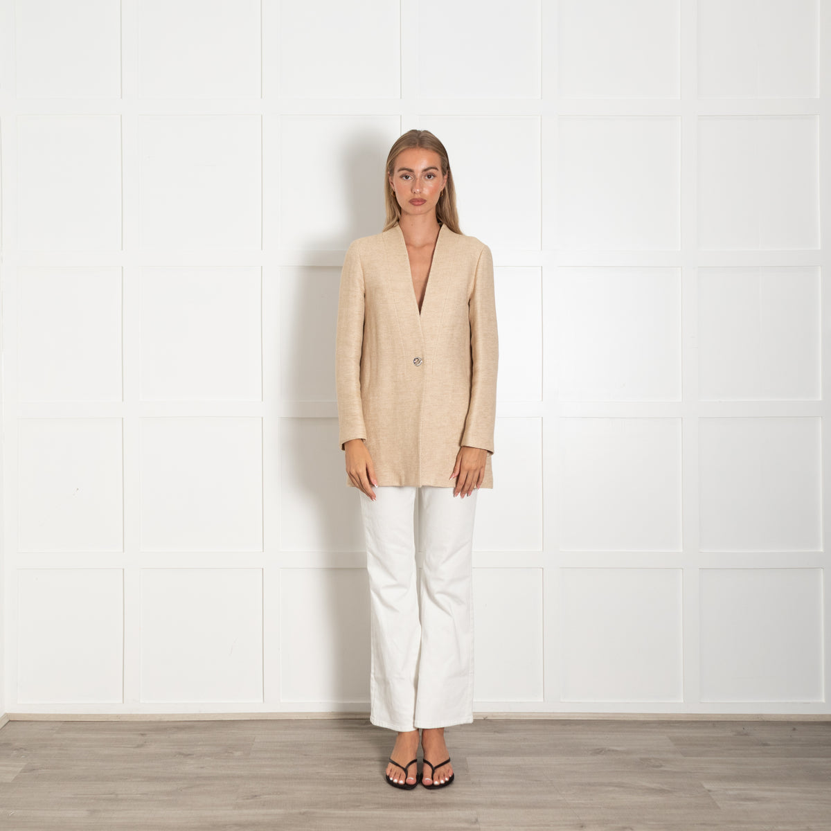 Sandro Beige Long Line Linen Mix Jacket