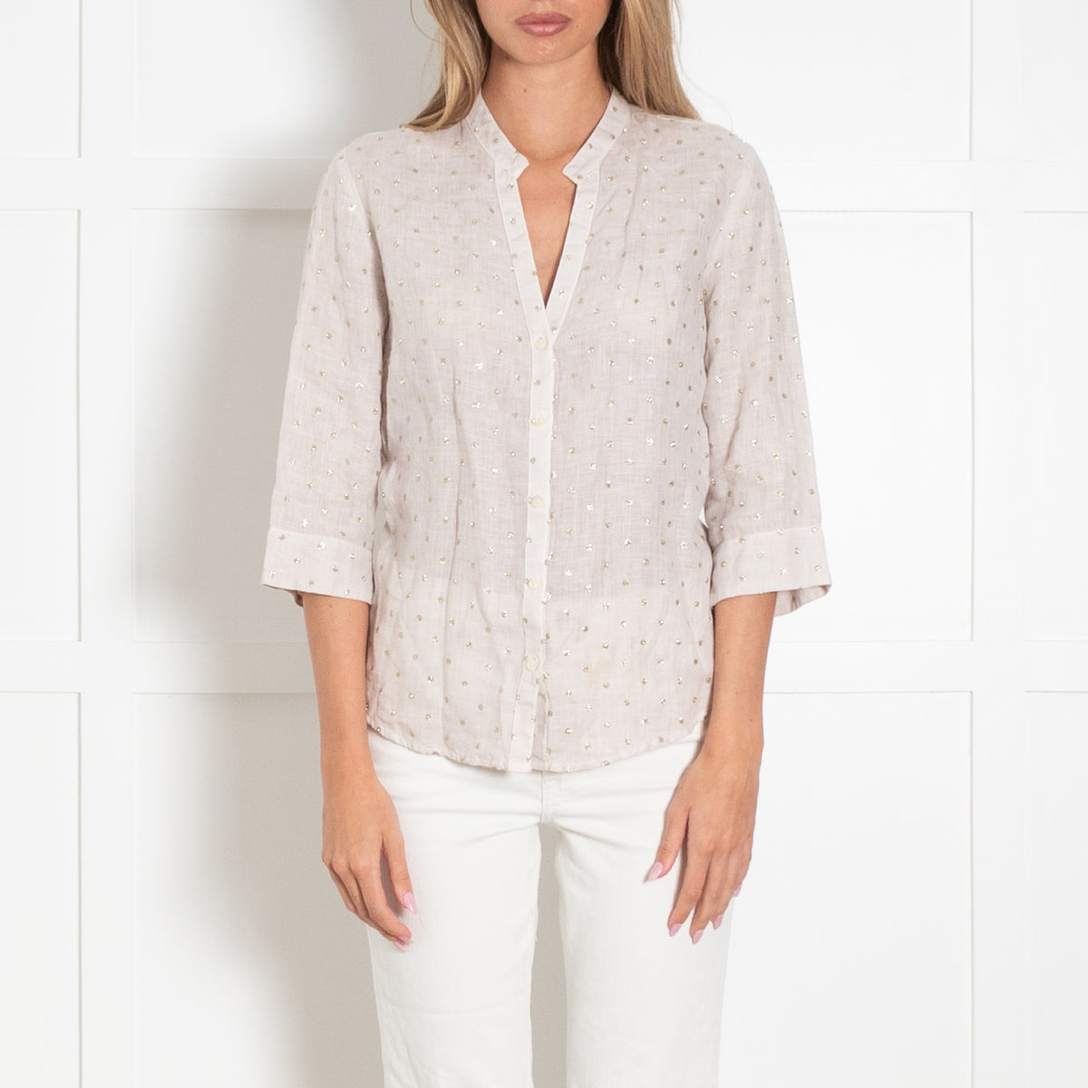 120% Lino Beige Gold Glitter Dots 3/4 Sleeve Top